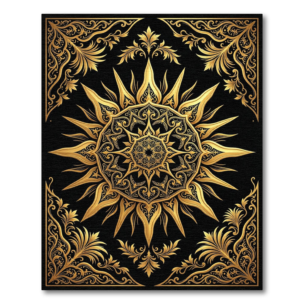 Opulent Gold Sunburst Floral Mandala Rug