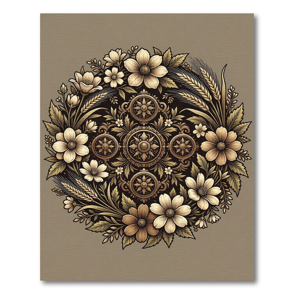 Vintage Golden Floral Medallion Round Rug