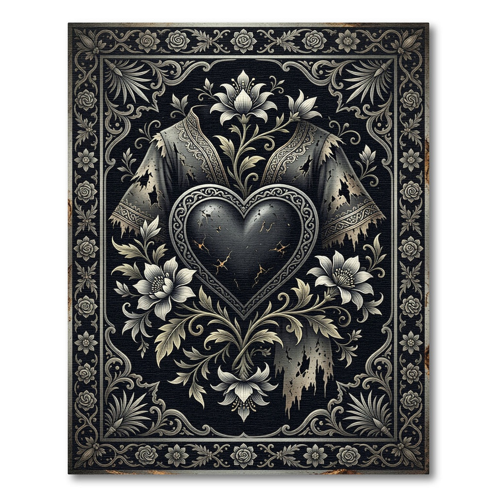 Gothic Black Heart Floral Relief Rug