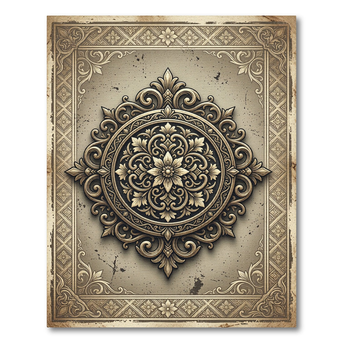 Ornate Golden Floral Filigree Medallion Rug