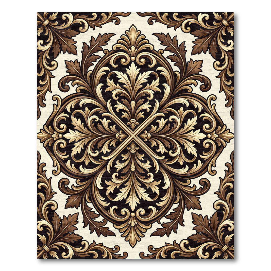 Elegant Cream and Bronze Damask Filigree Rug
