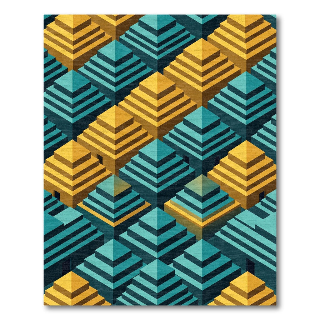 Geometric Teal and Golden Pyramid Abstract Rug