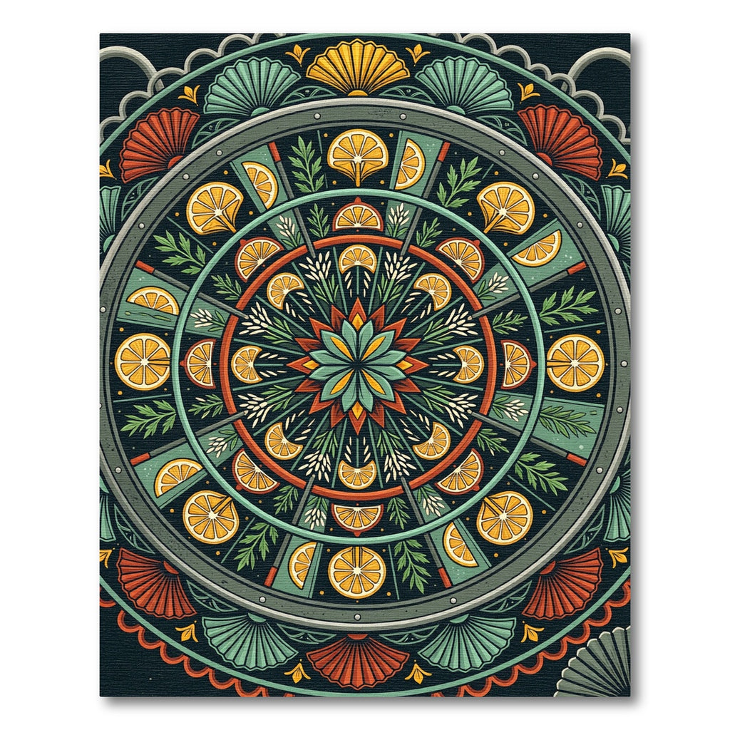Citrus Medallion Green Red Yellow Folk Art Rug