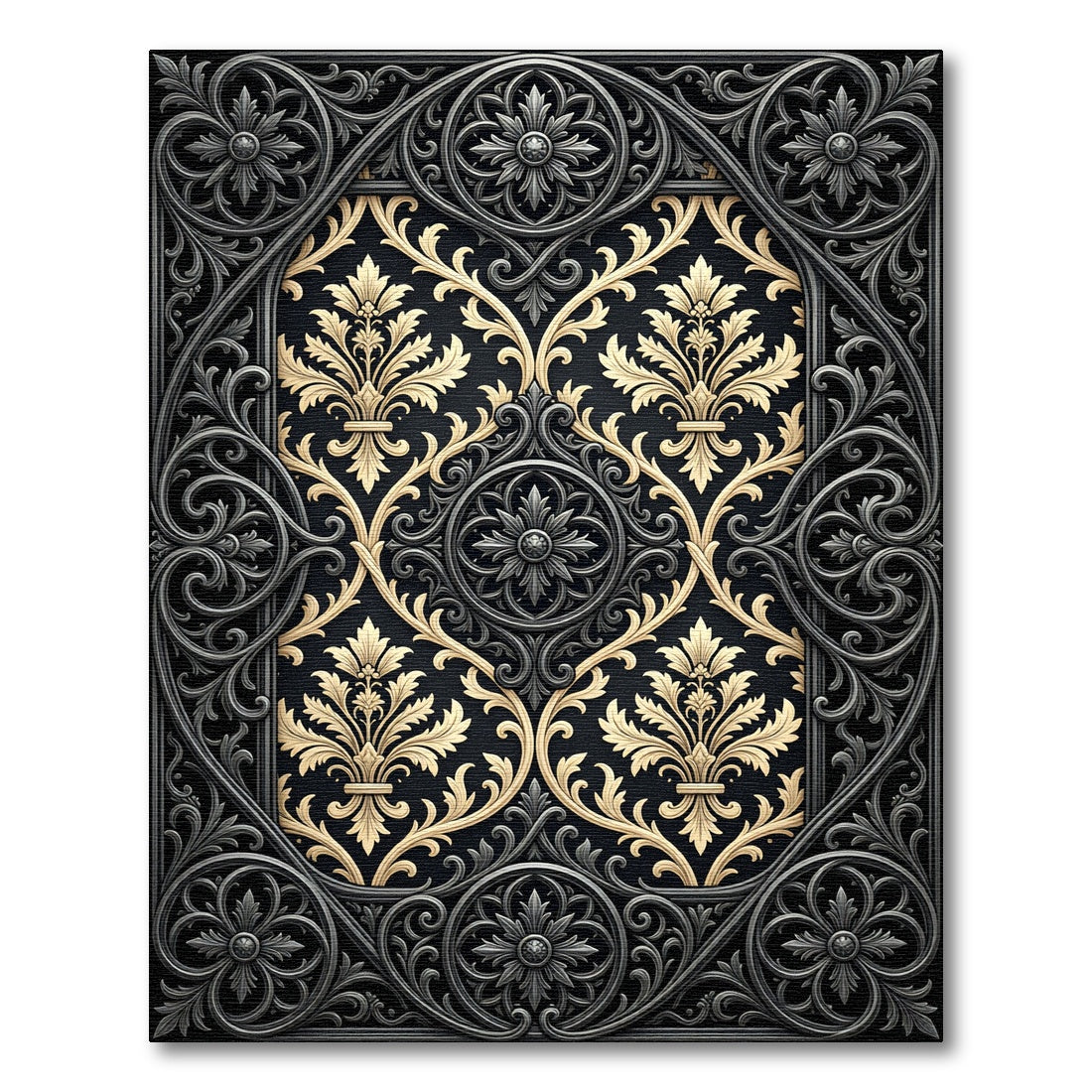 Ornate Black Gold Damask Filigree Rug