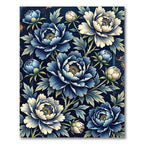 Elegant Indigo Peony Botanical Arrangement Rug