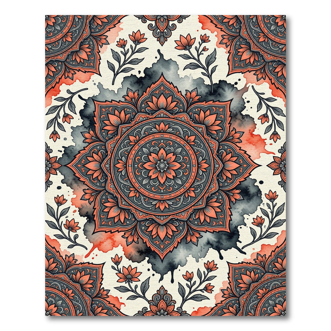 Coral Gray Floral Mandala Watercolor Splatter Rug