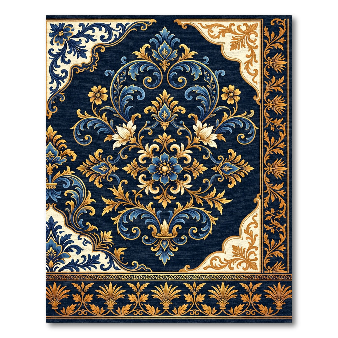 Royal Navy Gold Filigree Damask Rug