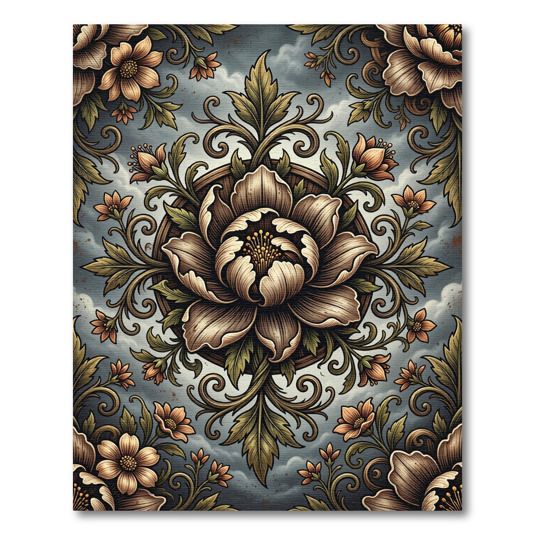 Vintage Sepia Floral Medallion Garden Rug