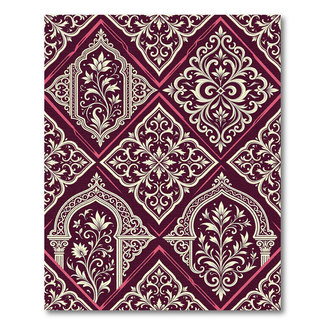 Damask Burgundy Cream Ornate Geometric Lattice Rug