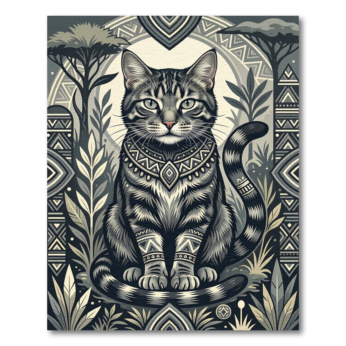 Earthy Monochrome Tabby Cat Jungle Ruin Rug