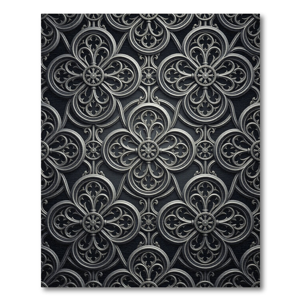 Sophisticated Charcoal Gothic Quatrefoil Scroll Rug