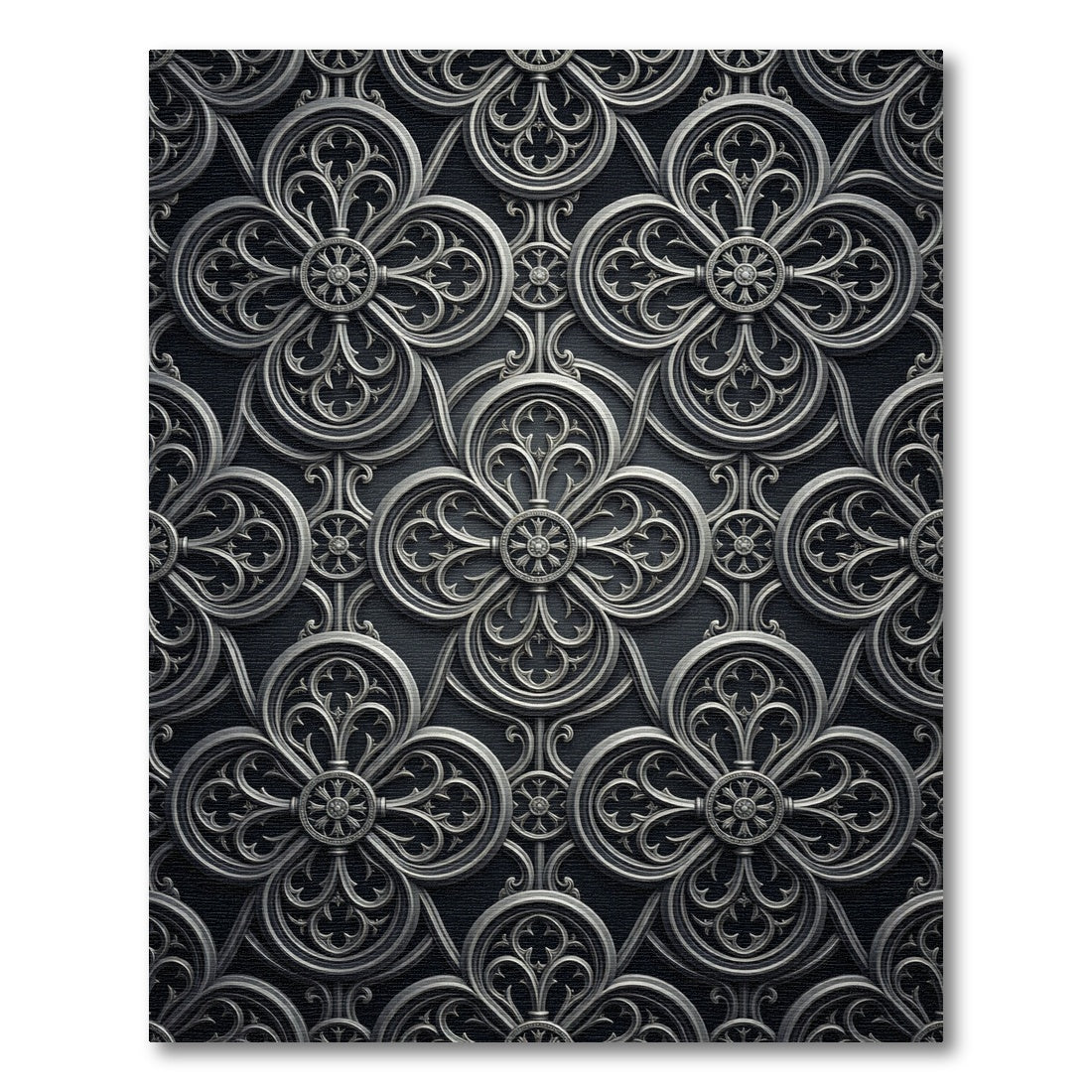 Sophisticated Charcoal Gothic Quatrefoil Scroll Rug