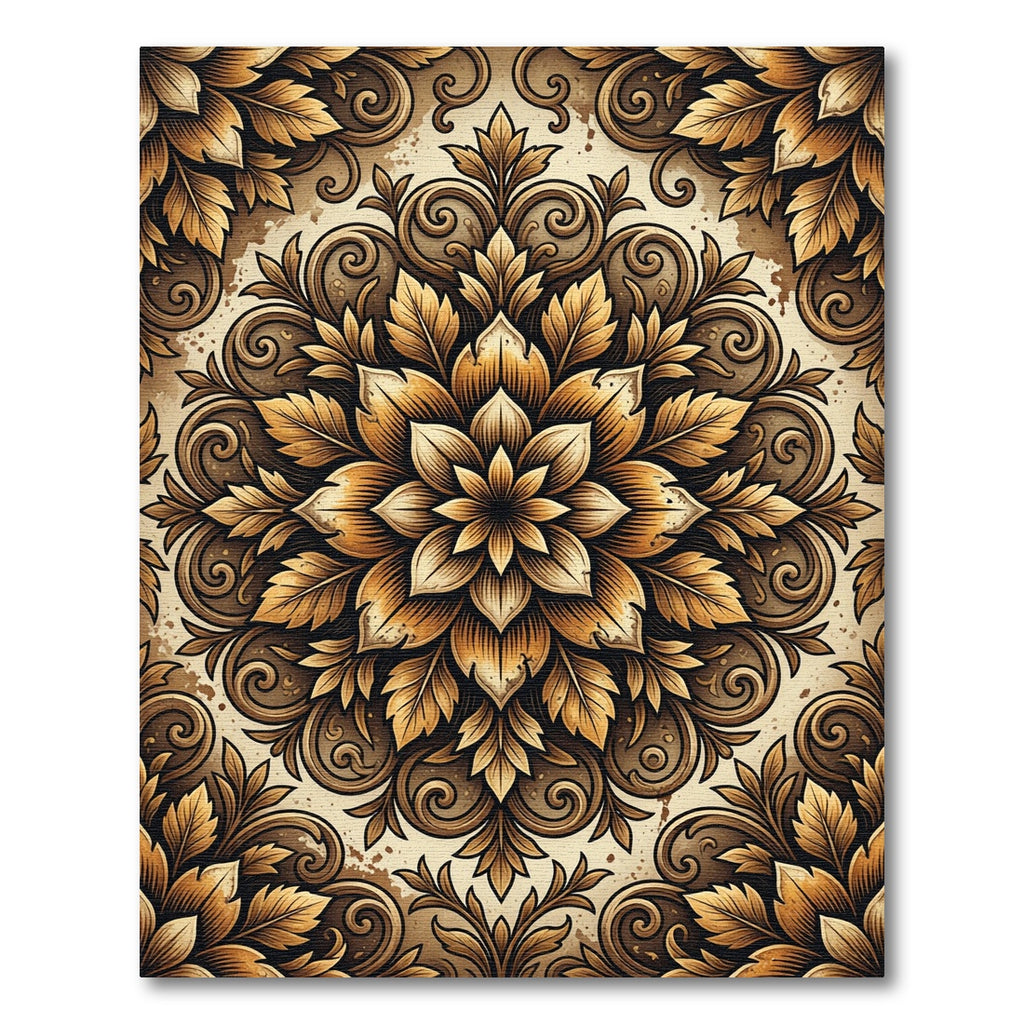 Golden Baroque Floral Damask Medallion Rug
