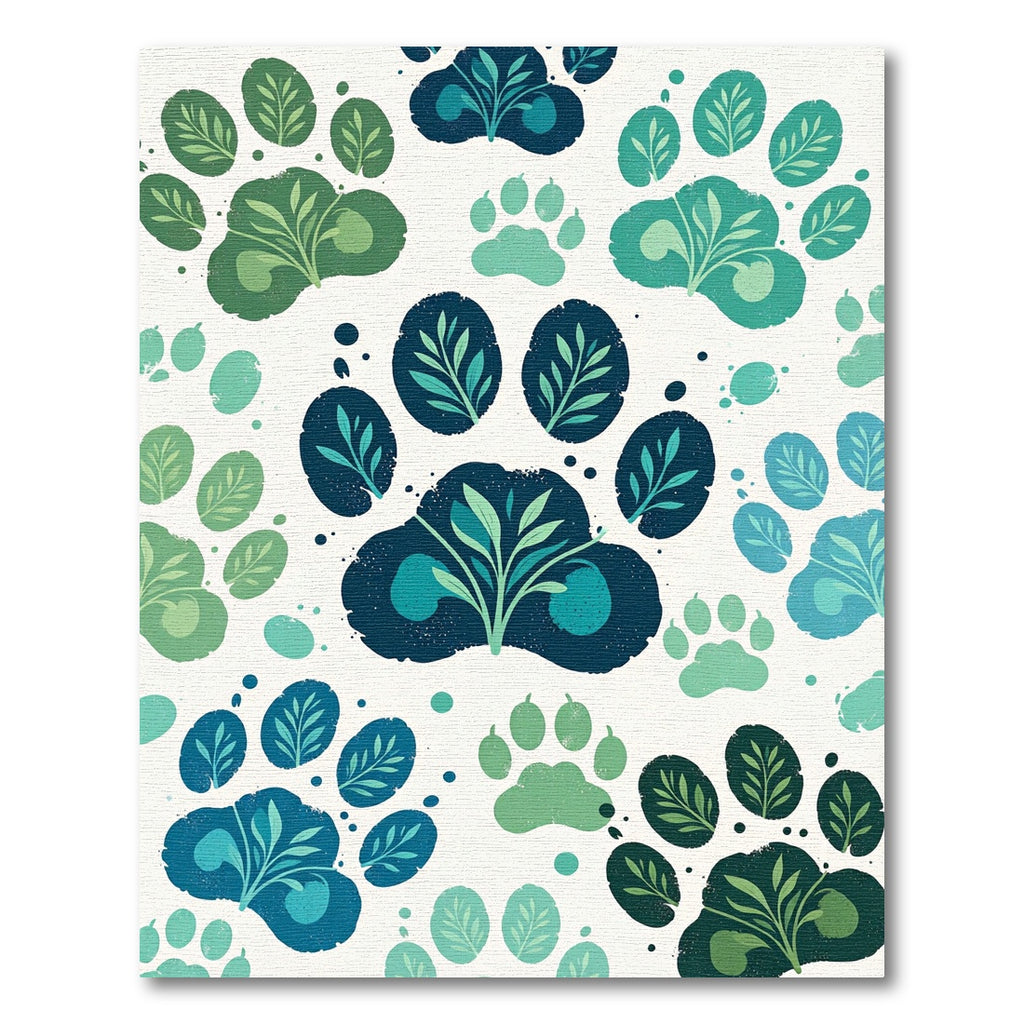 Green Teal Paw Print Botanical Composition Rug