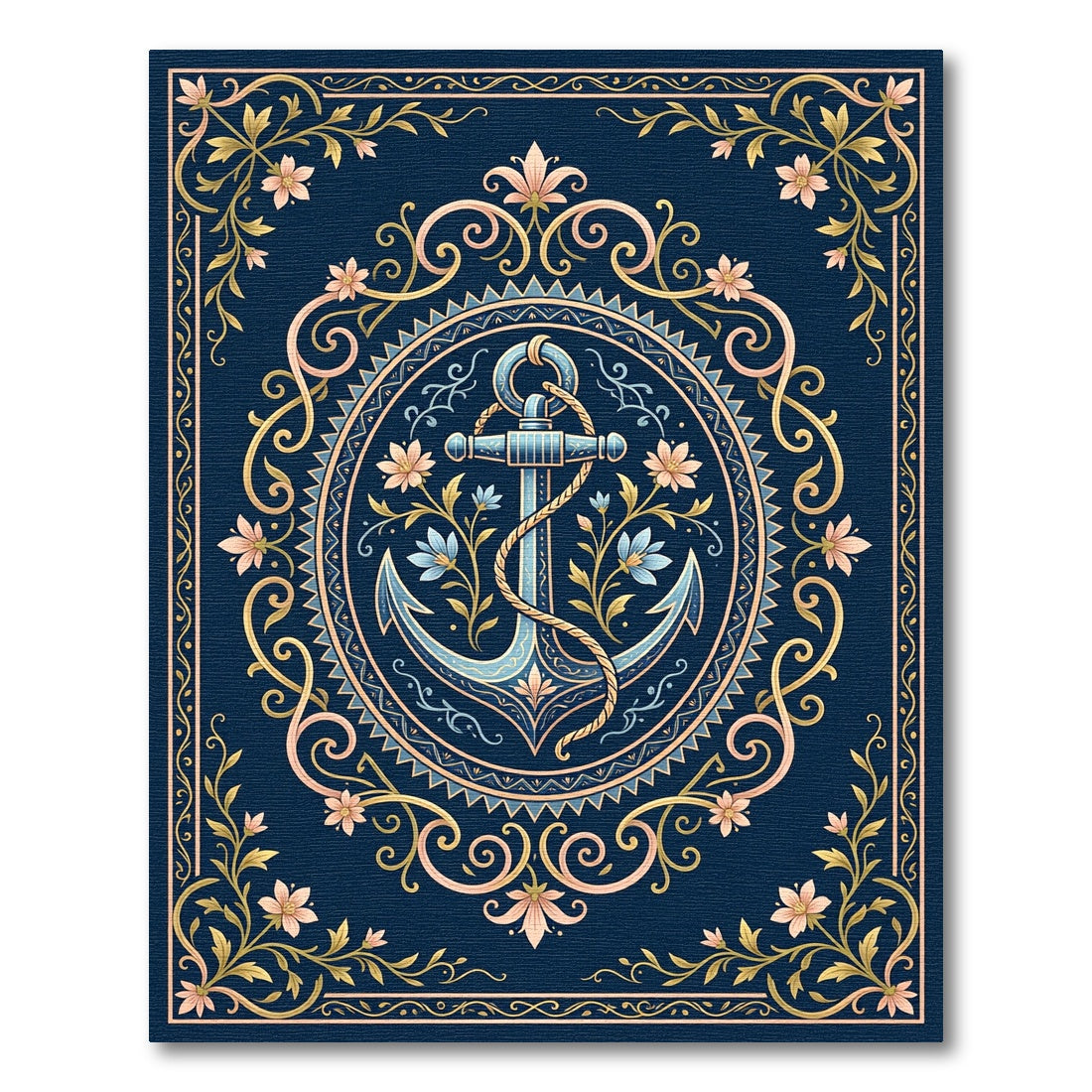 Blue Anchor Floral Scrollwork Accent Rug