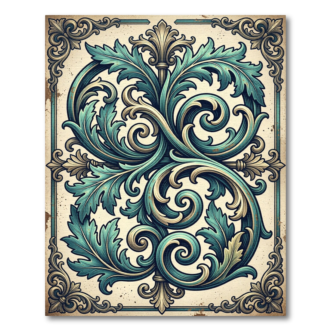 Ornate Teal Acanthus Scroll Damask Rug