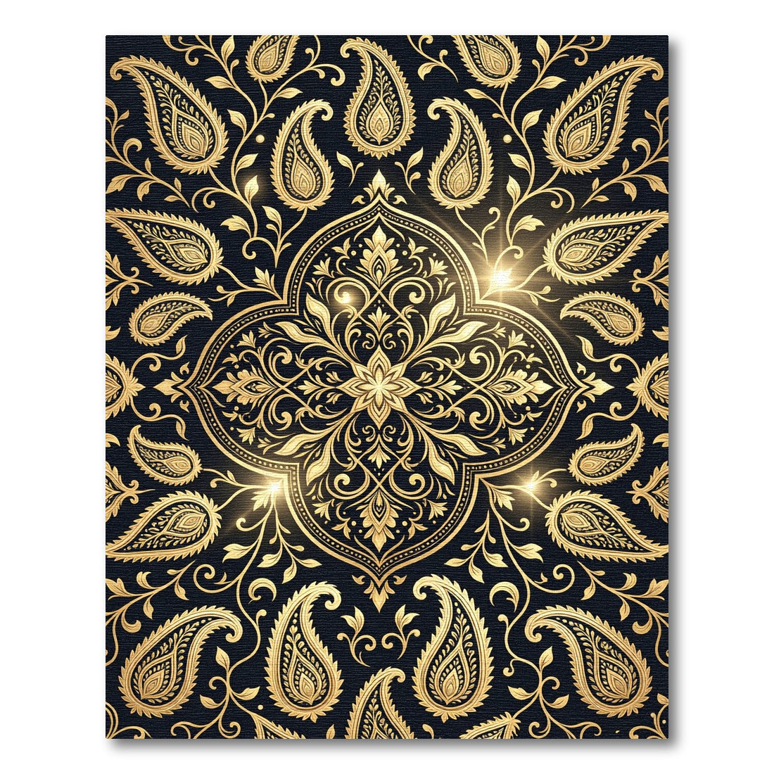 Elegant Golden Paisley Black Damask Rug