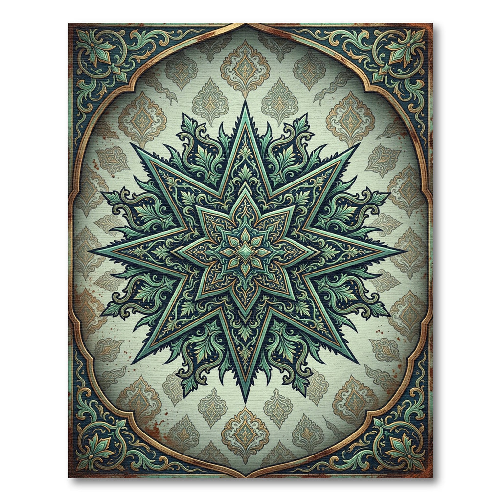 Ornate Sage Green Star Mandala Rug