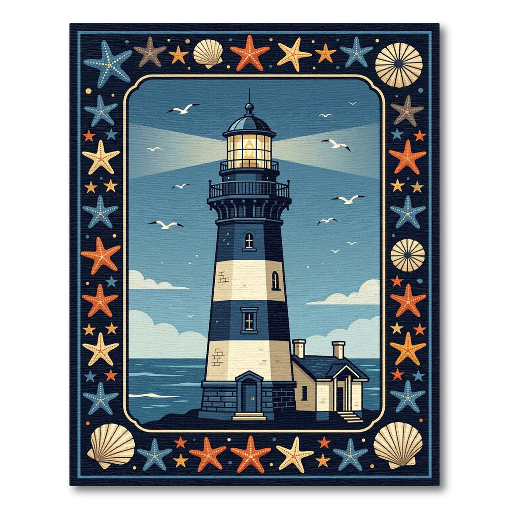 Nautical Lighthouse and Seashell Illustration Rug