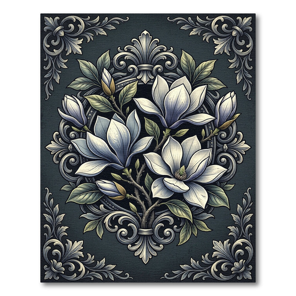 Elegant Charcoal Magnolia Floral Medallion Rug