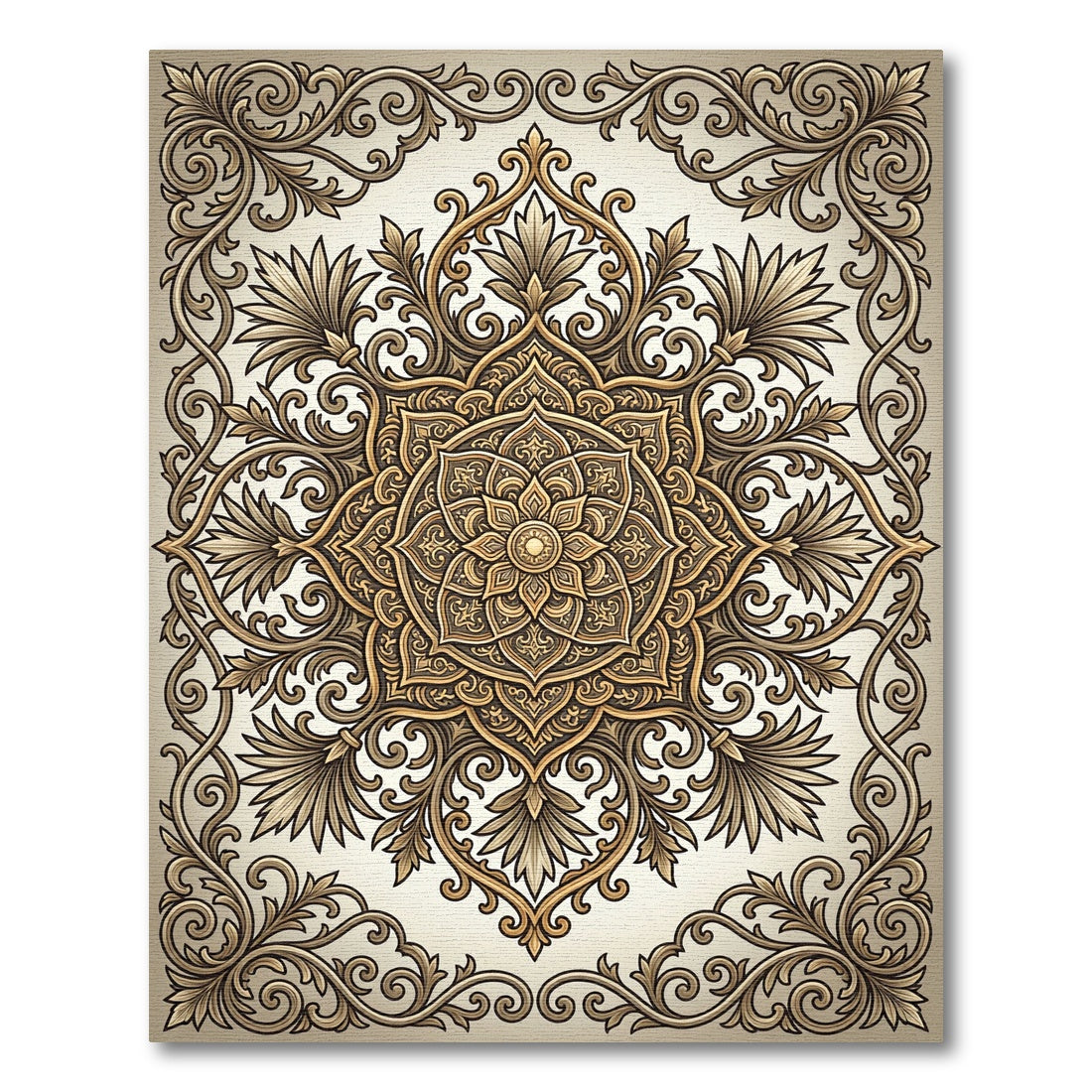 Ornate Gold Filigree Mandala Rug