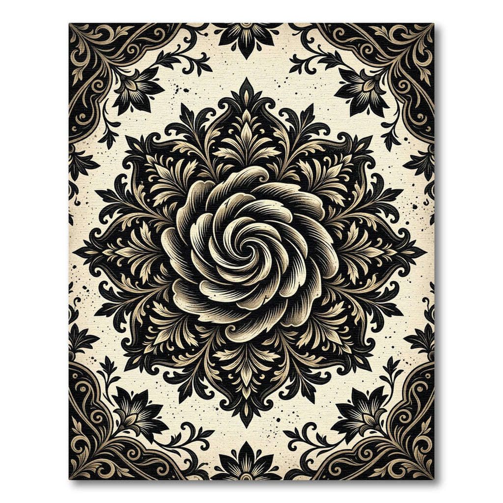 Dark Monochrome Floral Swirl Medallion Rug