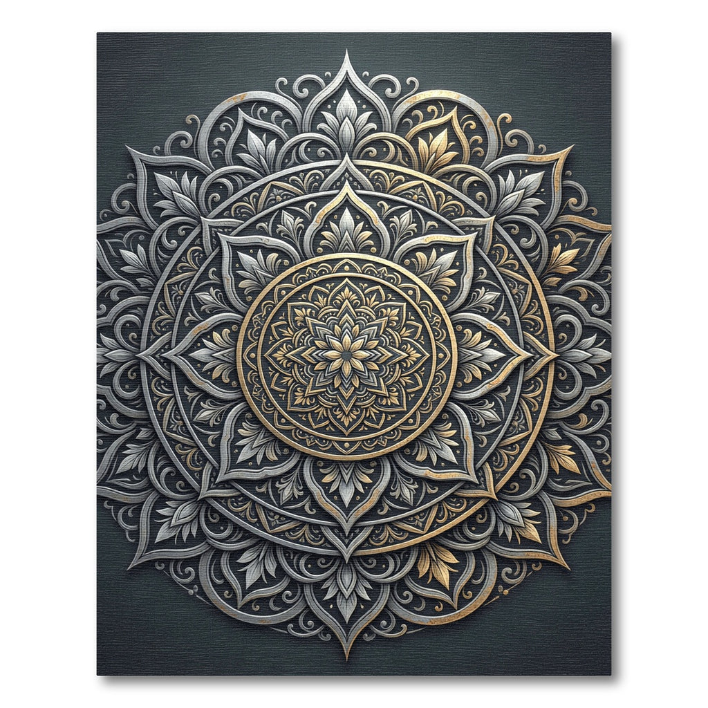 Ornate Silver and Gold Mandala Medallion Rug