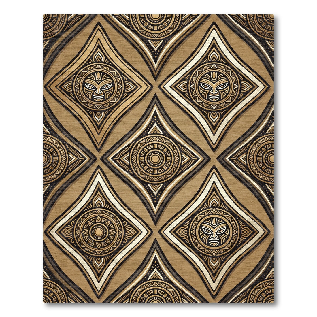 Golden Tribal Face Diamond Pattern Rug