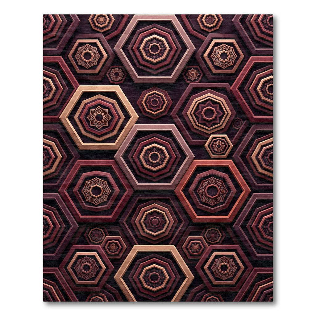 Geometric Crimson Octagon Hexagon Layered Art Rug