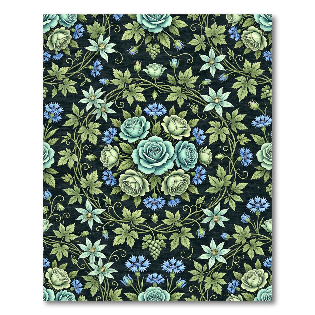 Botanical Blue Rose and Clematis Medallion Rug