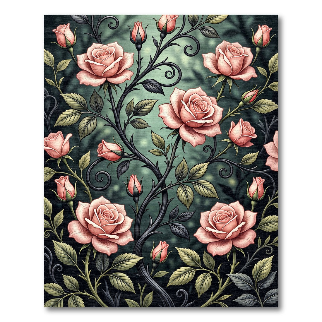Elegant Pink Rose Botanical Dark Vine Rug