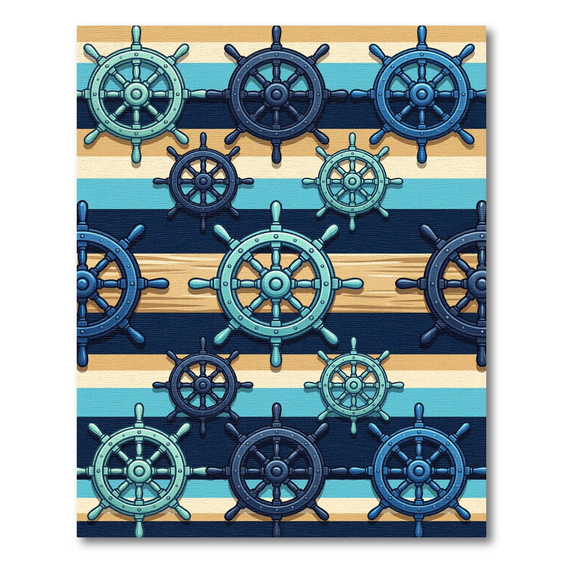 Nautical Blue Ship Wheel Striped Art Rug