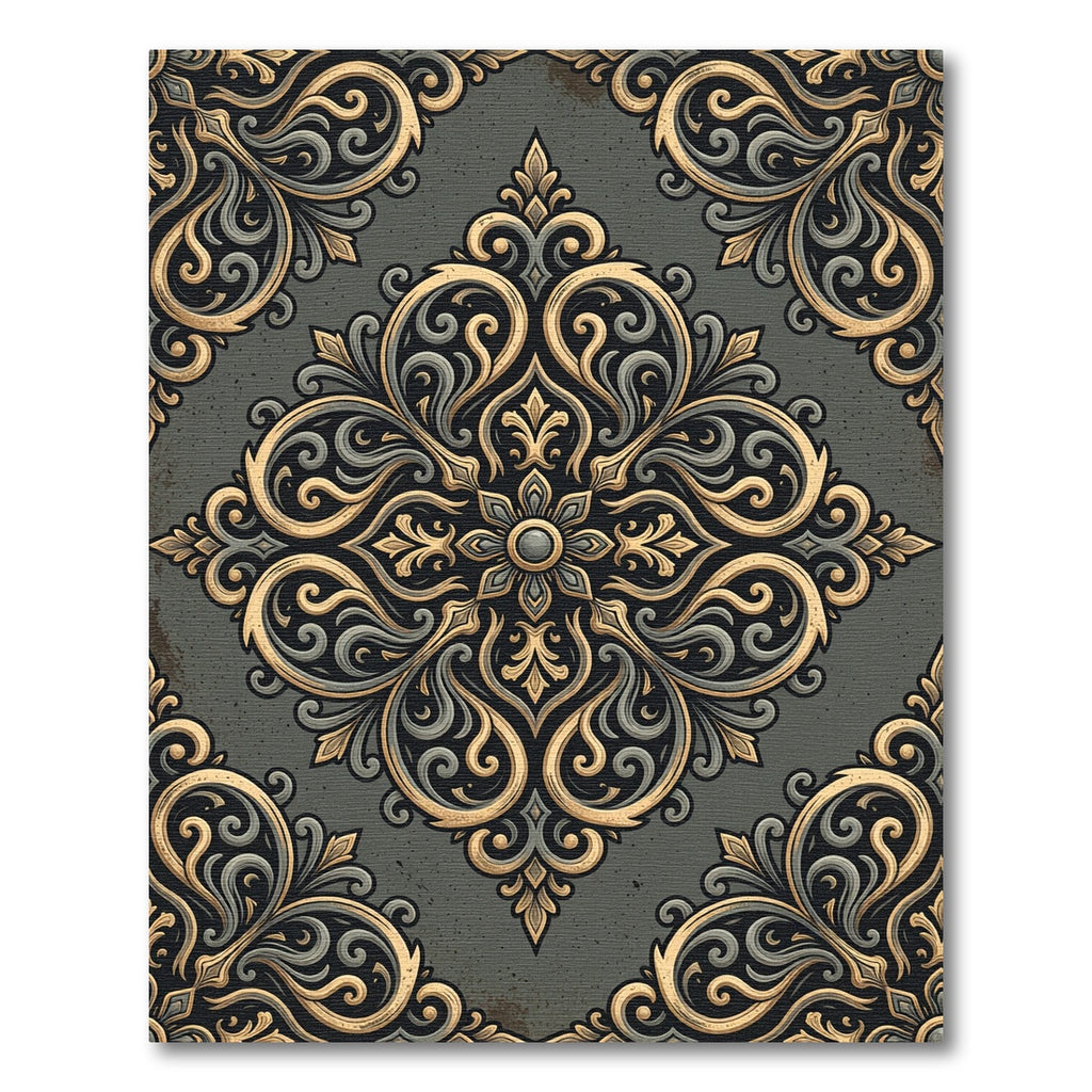 Vintage Gold Gray Damask Scroll Rug