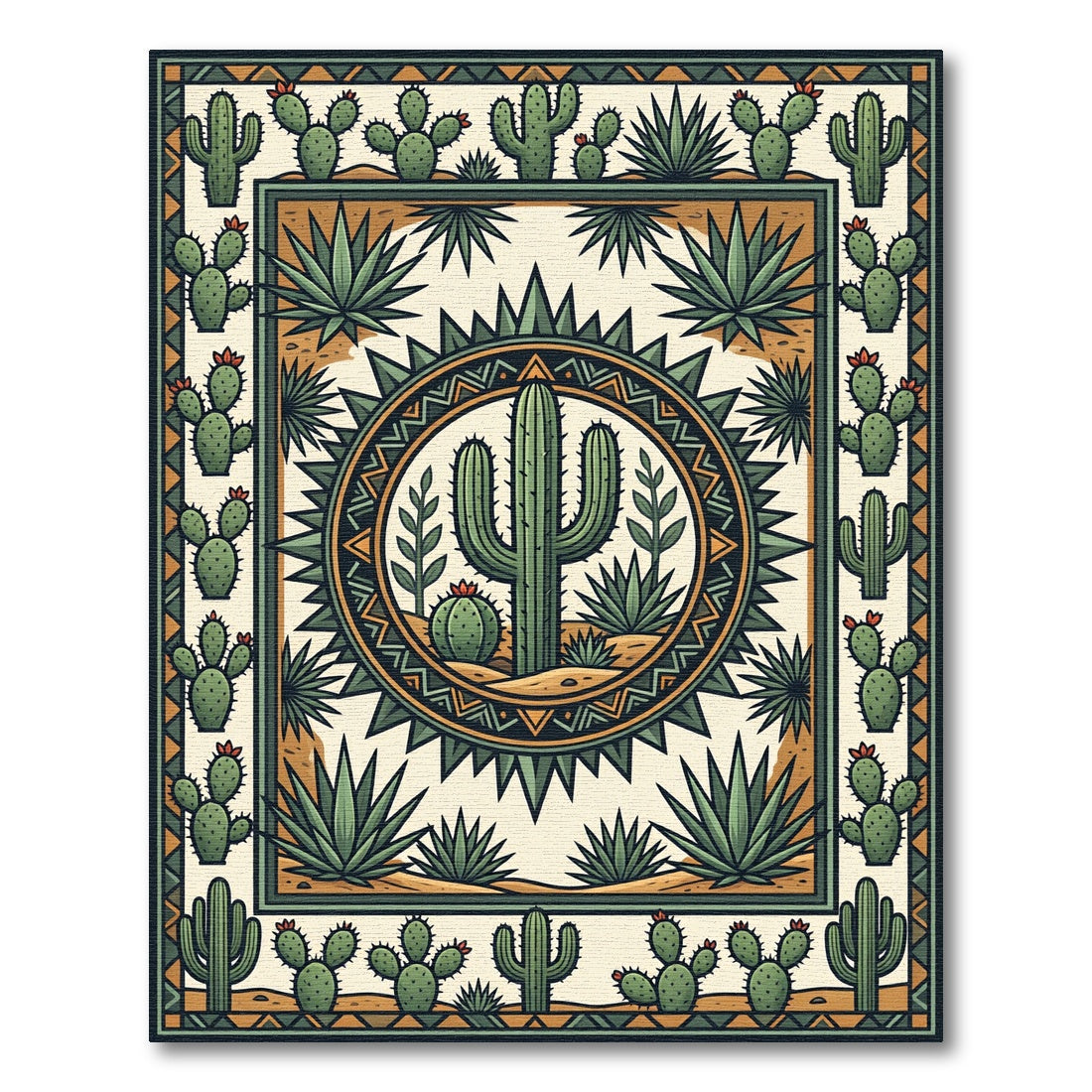 Green Desert Cactus Geometric Medallion Rug