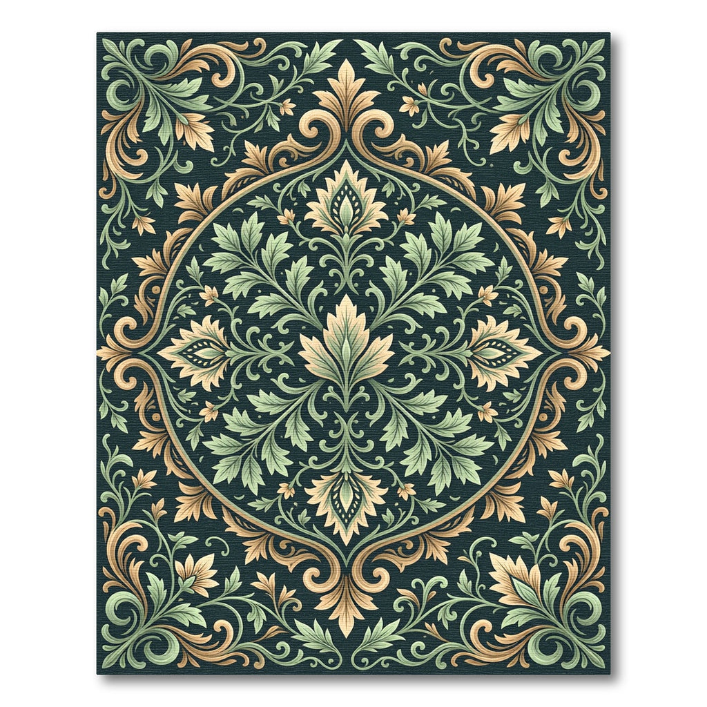 Elegant Sage and Gold Scrolling Medallion Rug