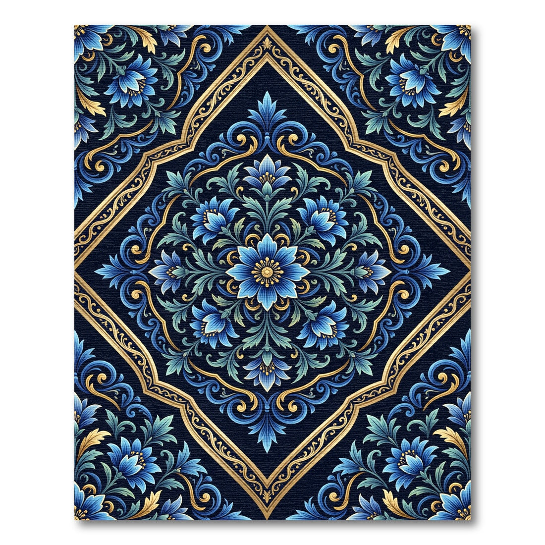 Classic Blue Gold Floral Damask Rug