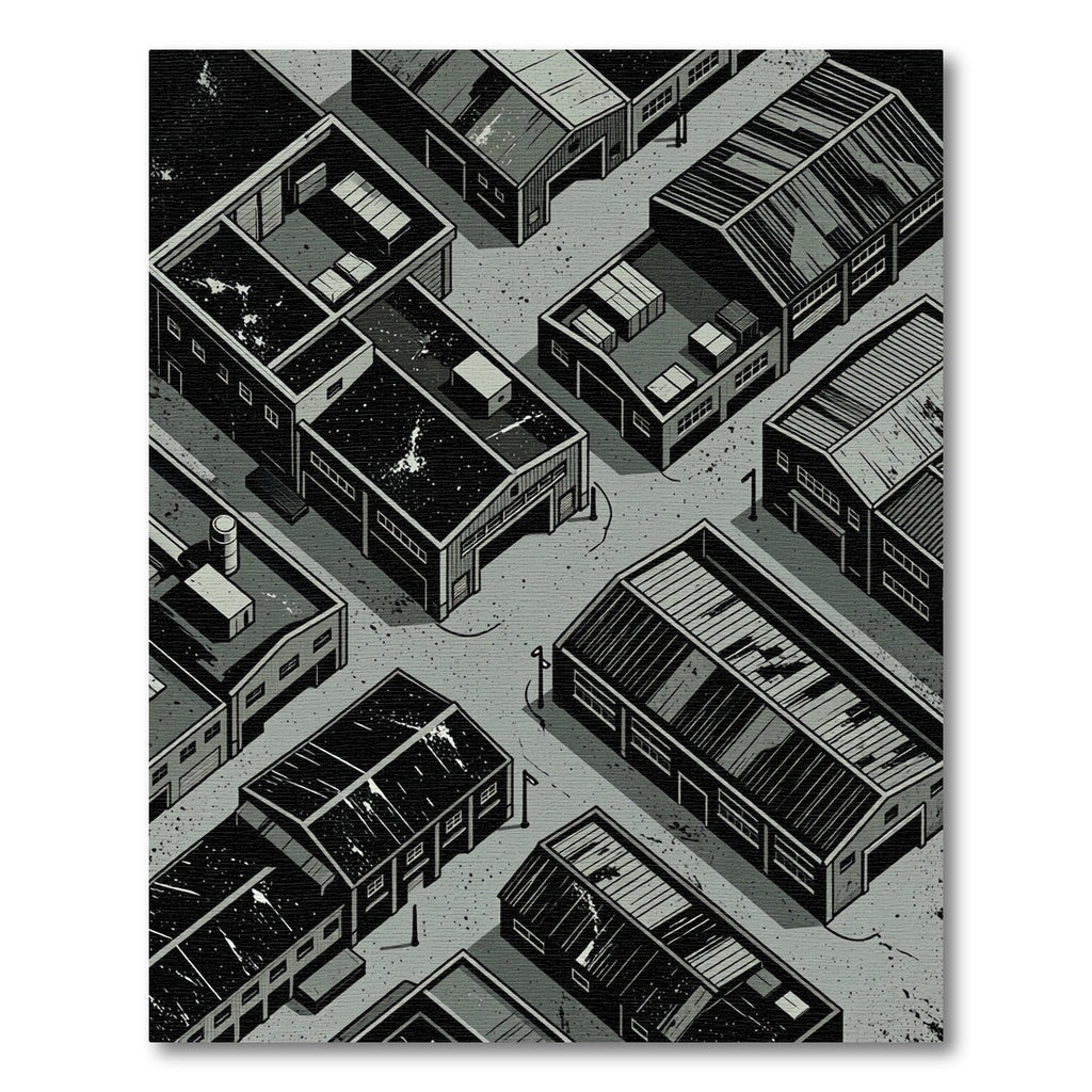 Industrial Monochrome Isometric Warehouse Landscape Rug
