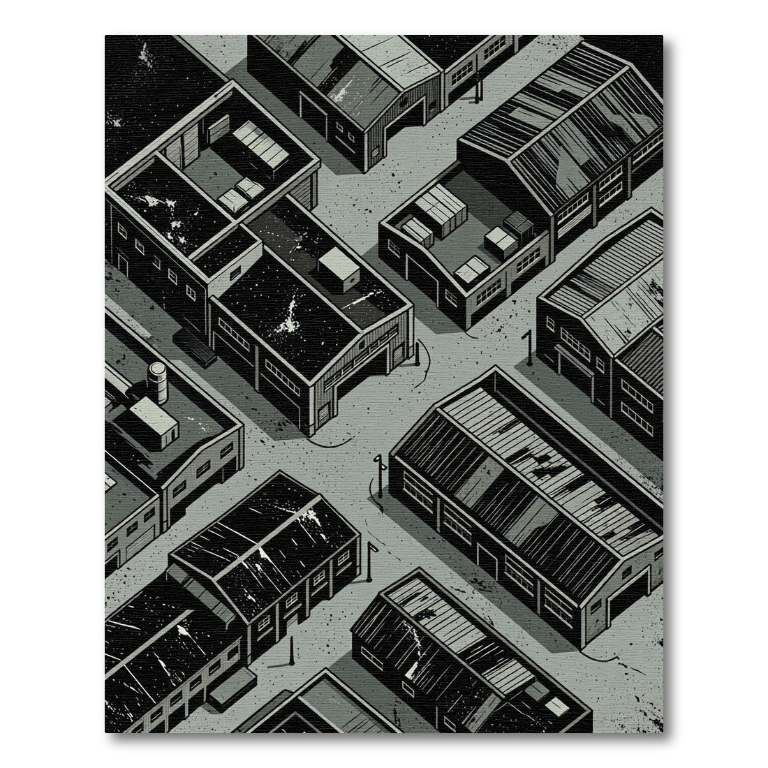 Industrial Monochrome Isometric Warehouse Landscape Rug