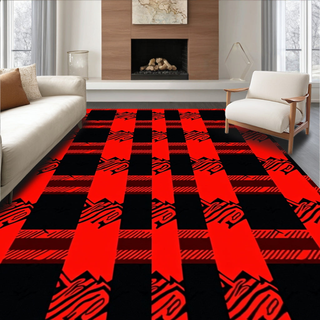 Bold Red Black Abstract Plaid Rug