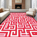 Red White Abstract Maze Pattern Rug