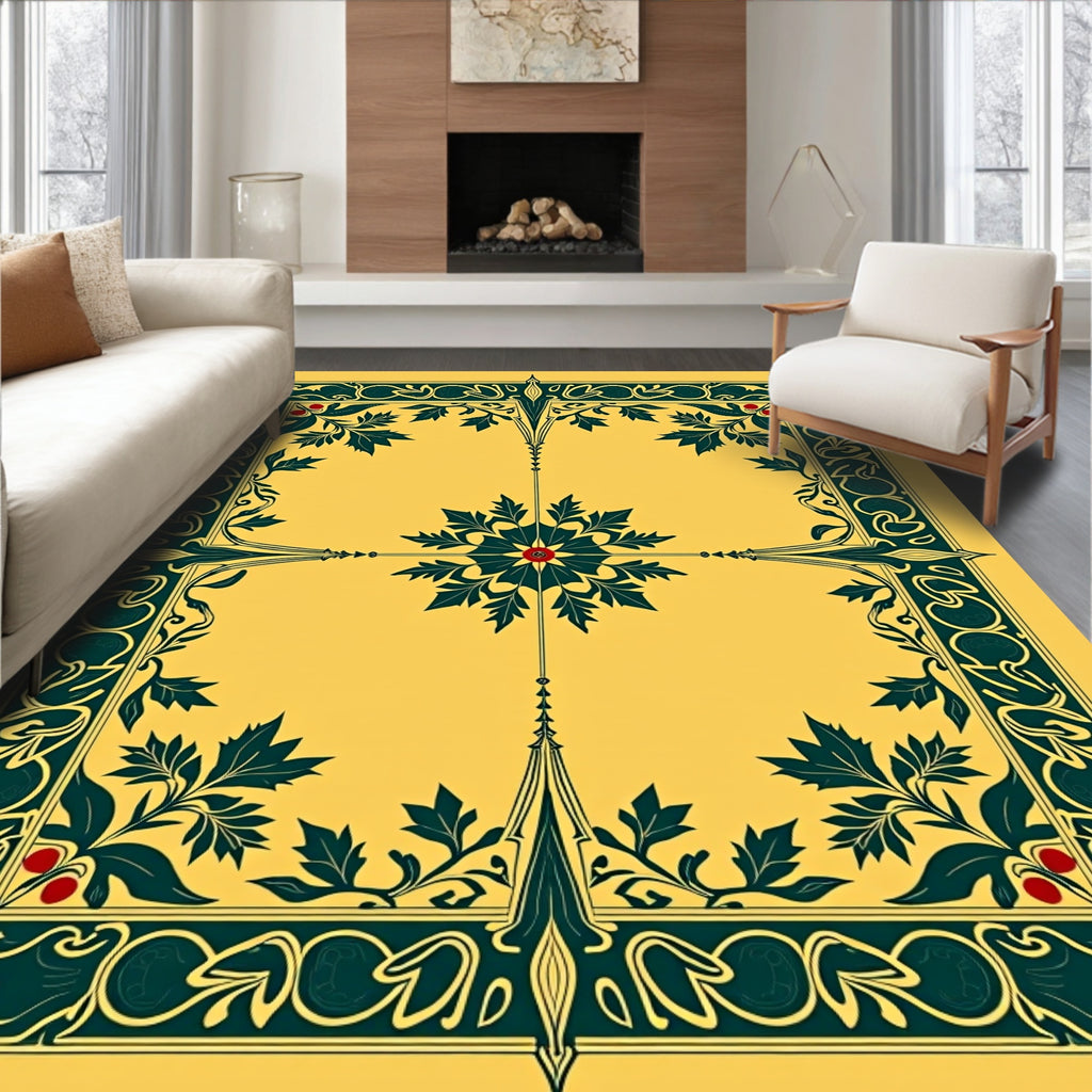 Emerald Floral Crest Yellow Pattern Rug