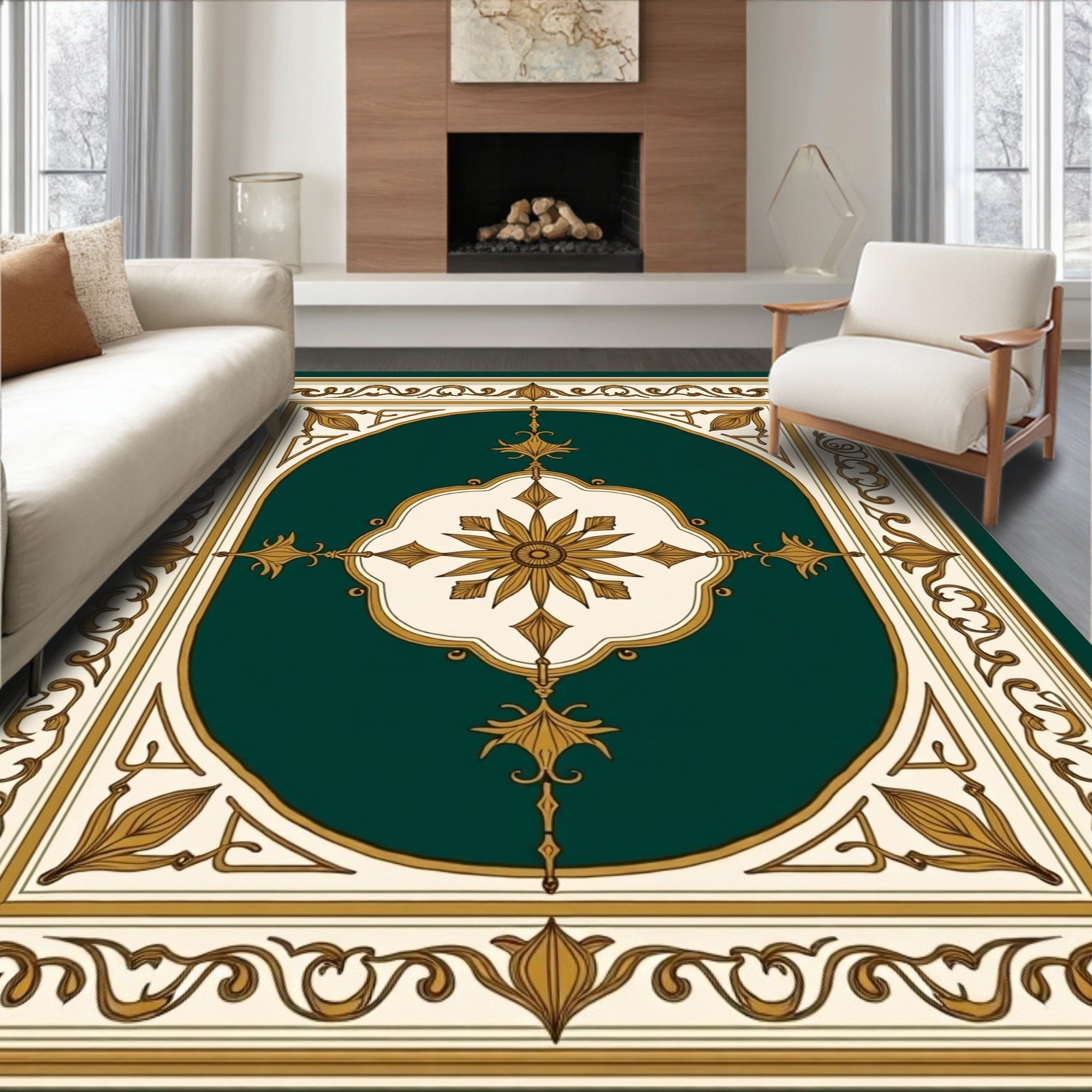 Ornate Teal and Gold Medallion Scroll Rug