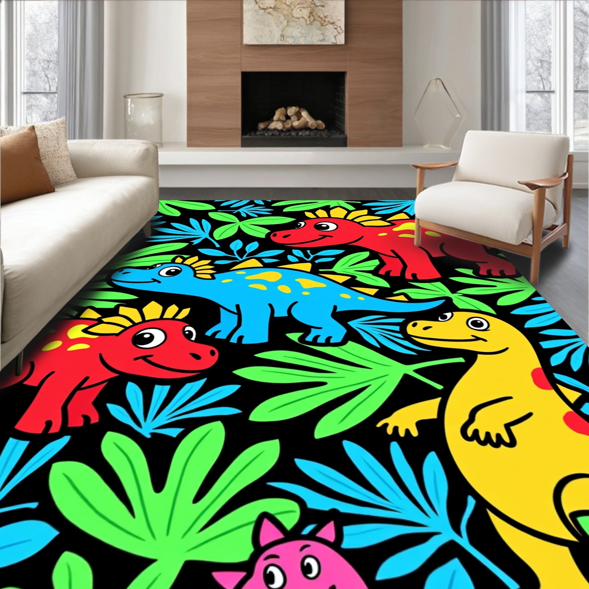 Playful Dinosaur Jungle Print Rug