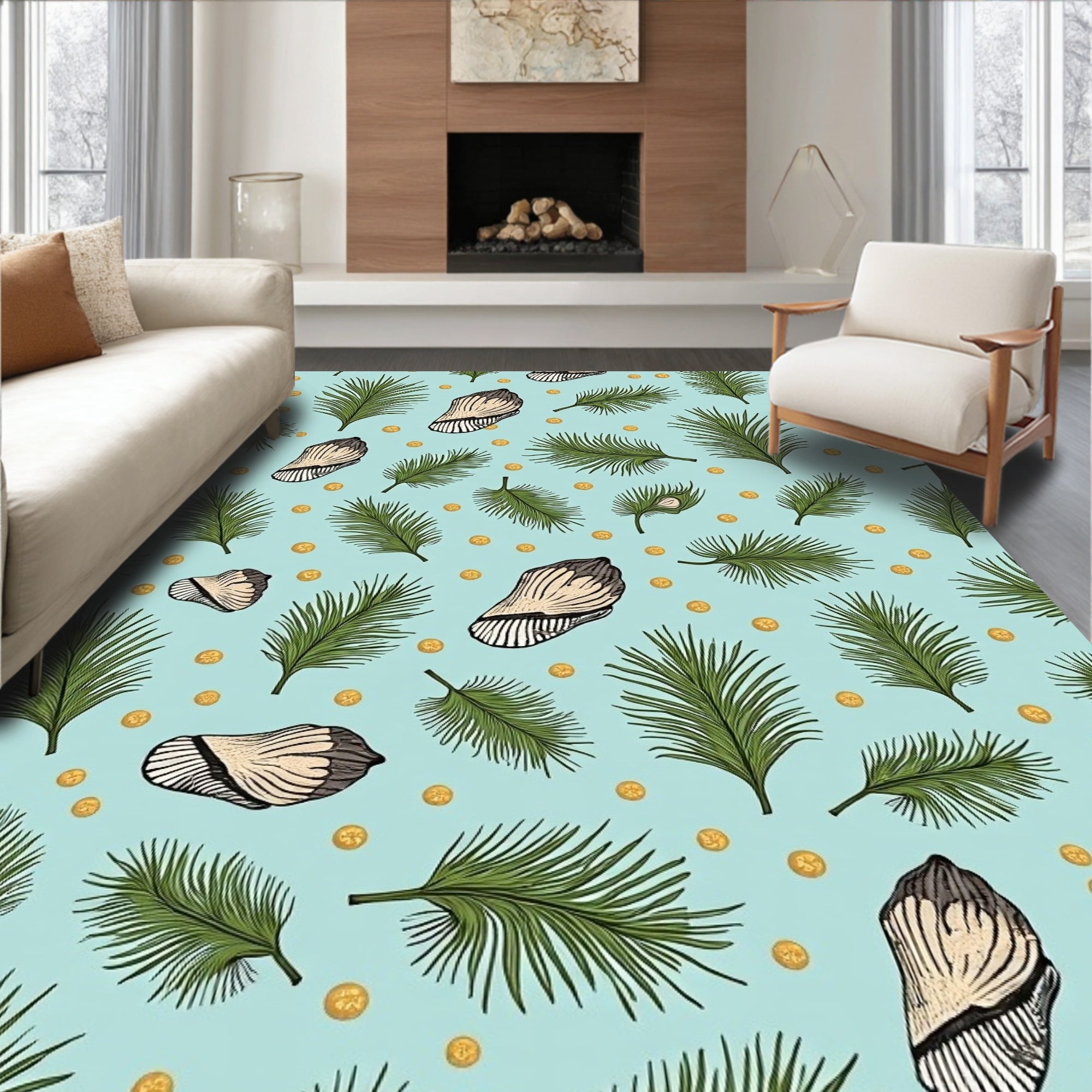 Coastal Leaf and Shell Pattern Rug