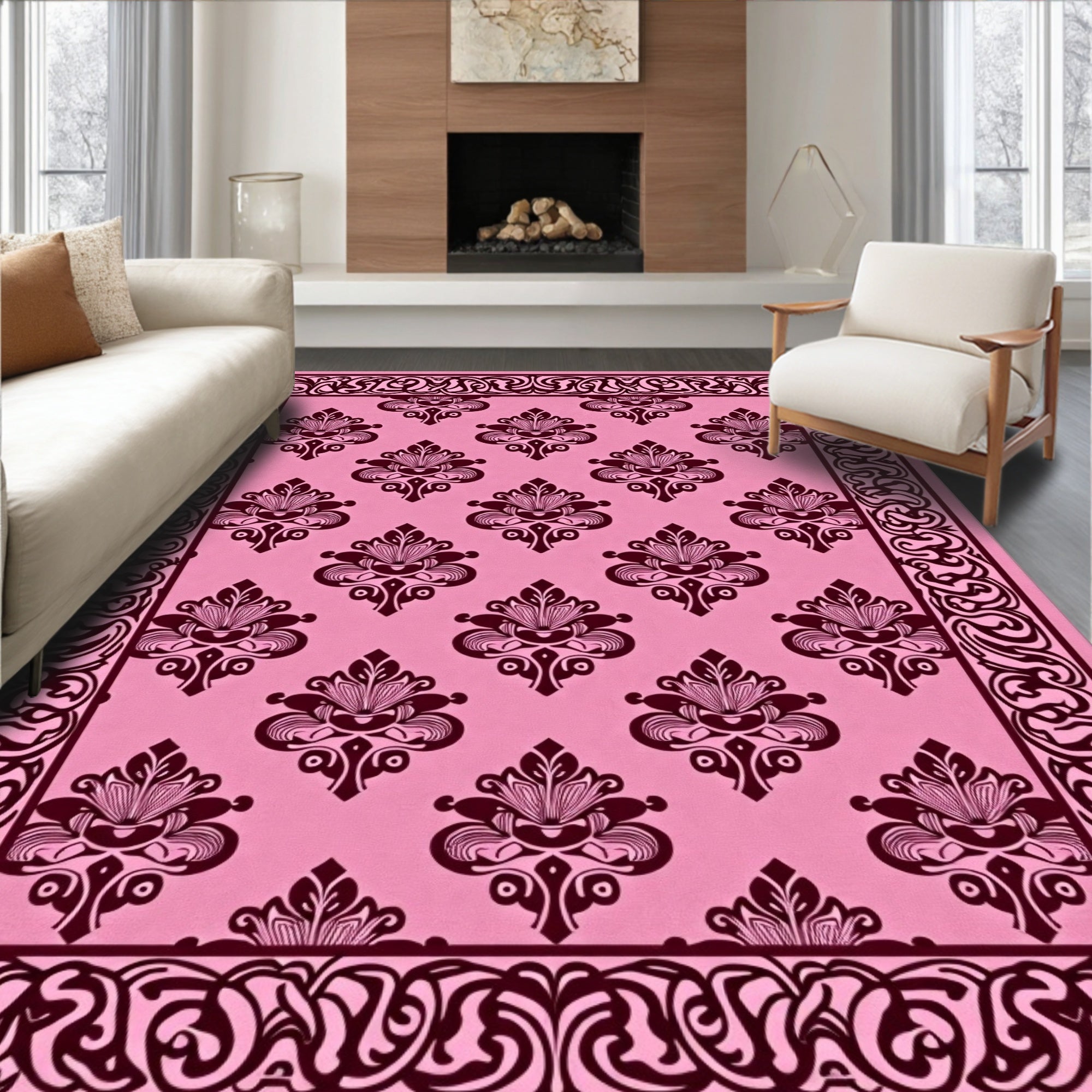 Ornate Floral Pattern Border Rug
