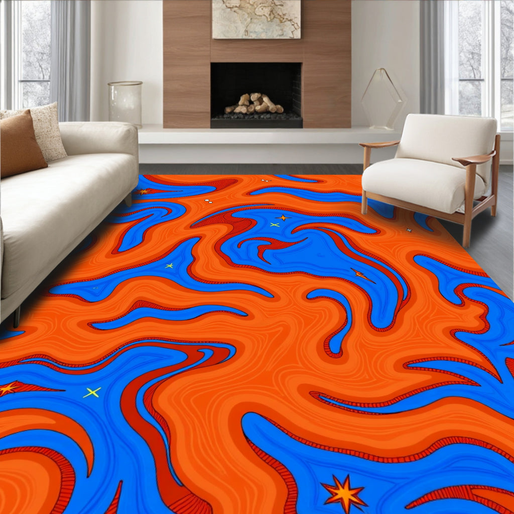 Orange Blue Swirl Star Pattern Rug