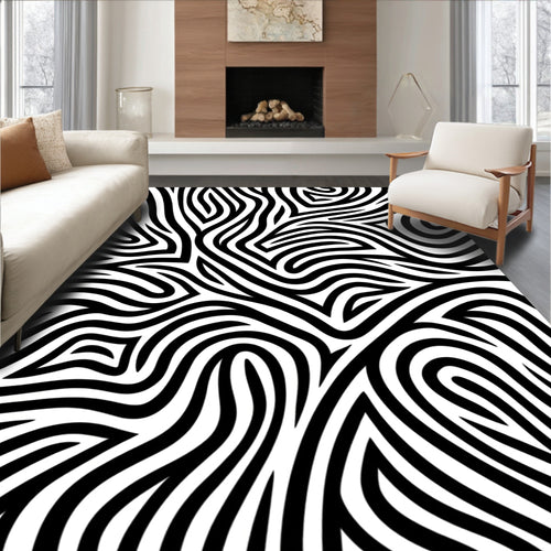 Abstract Black White Wavy Lines Pattern Rug