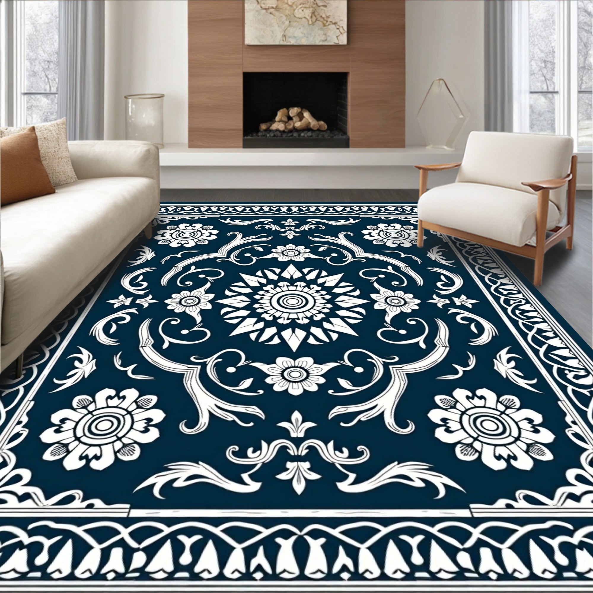 Dark Blue White Floral Intricate Design Rug