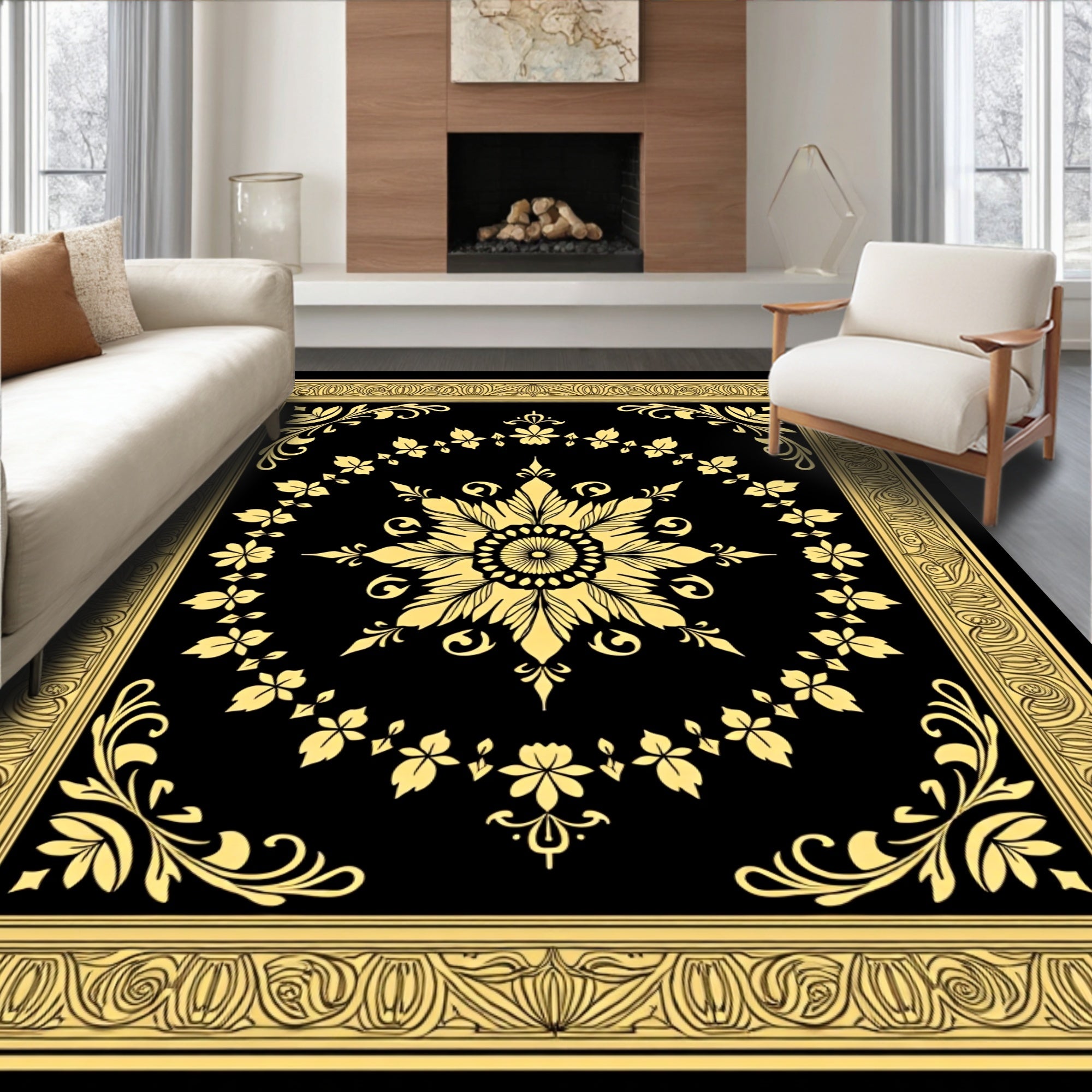 Golden Floral Medallion Frame Rug