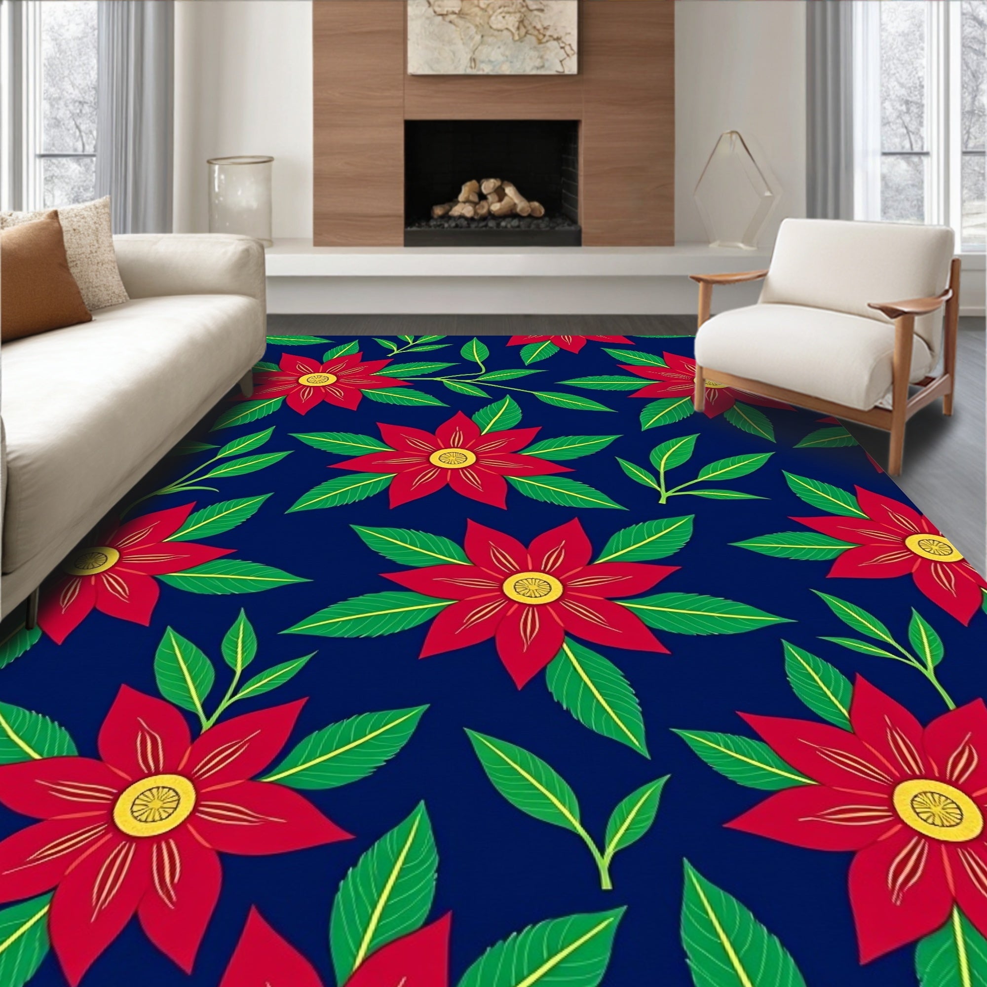Red Floral Pattern On Navy Rug